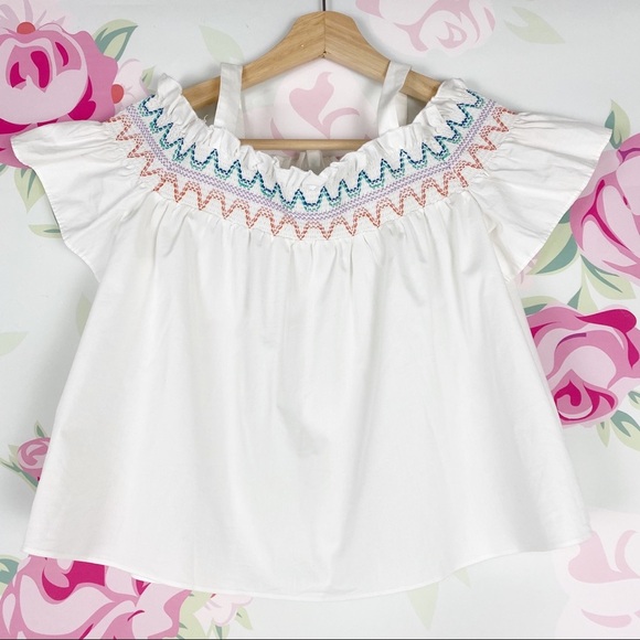 Shoshanna White Vivi Off The Shoulder Embroidered Summer Top 0 - Picture 7 of 9